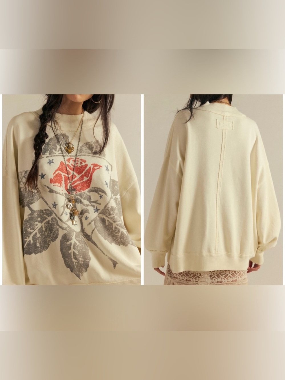NWOT Free People We The Free Palm Spring Turtleneck Graphic Pullover - ivory - M